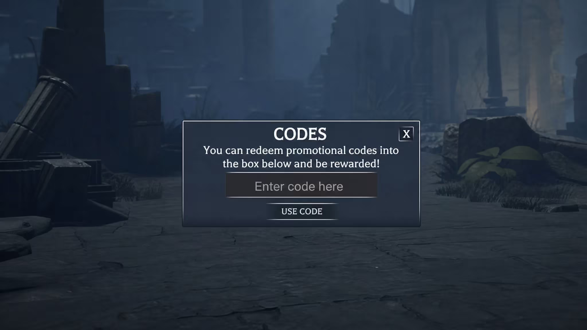 Prior Extinction codes redemption screen, with pocket tactics filled in where the codes go