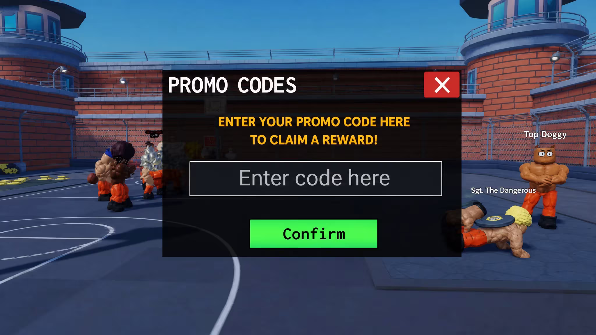 Prison Pump codes redemption screen with the PT logo