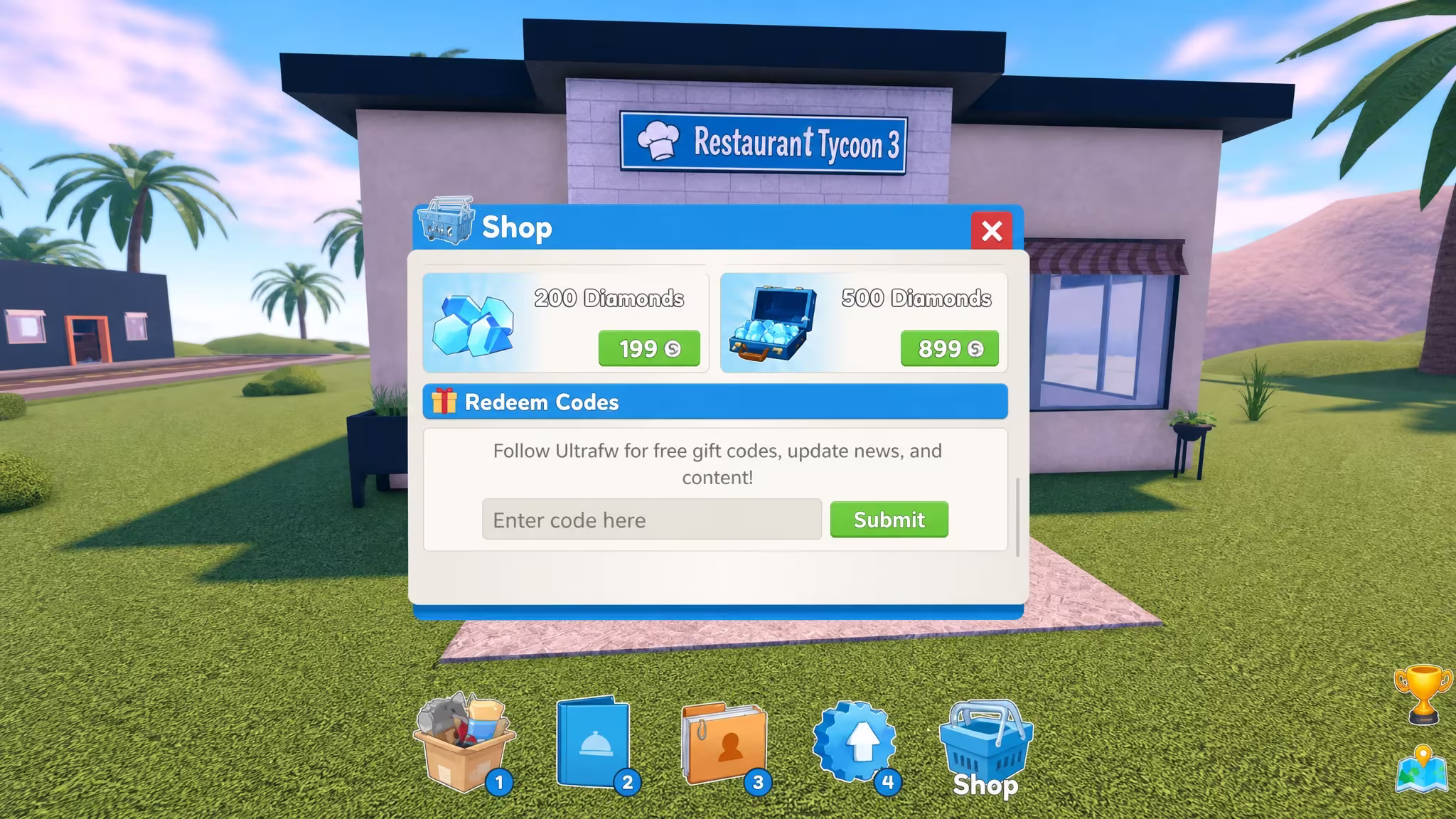 Restaurant Tycoon 3 codes: A screenshot of the codes box with Pocket Tactics written in it and a PT logo in the top right corner
