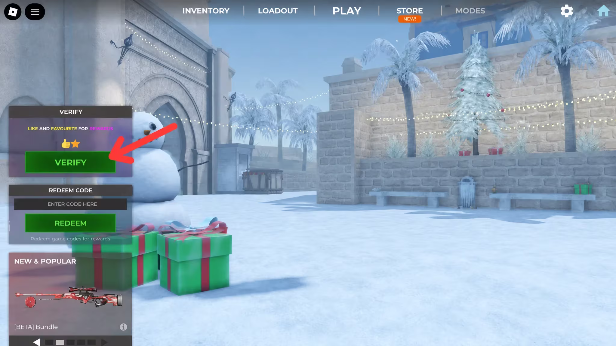 BloxStrike code entry field in the Shop menu with a soldier standing in a desert map