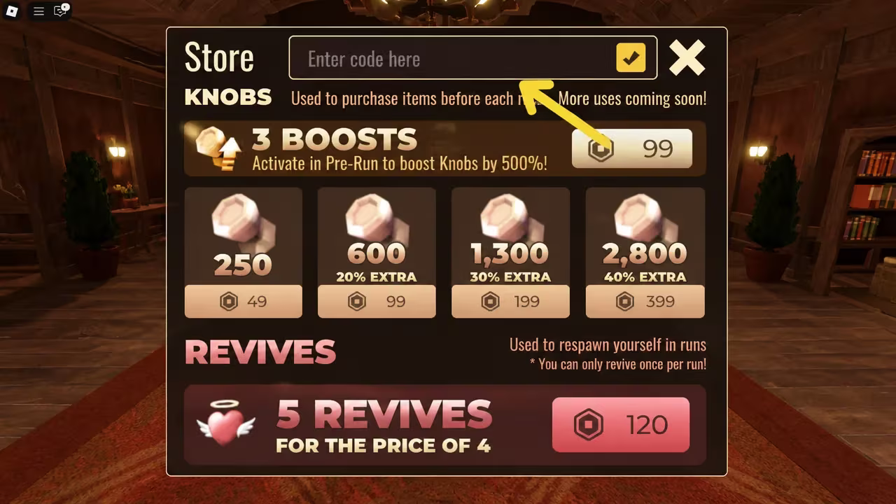 Code entry field and checkmark button in the Doors shop menu