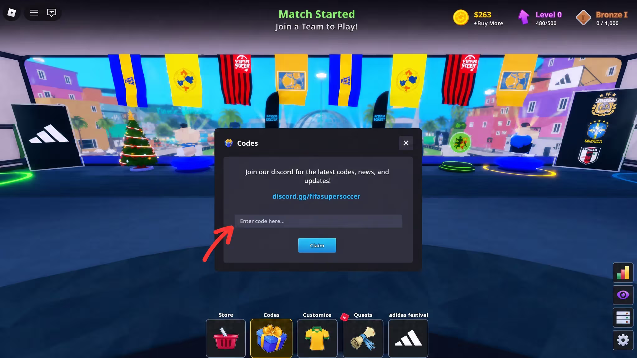 Codes redemption box open on the FIFA Super Soccer lobby screen in Roblox
