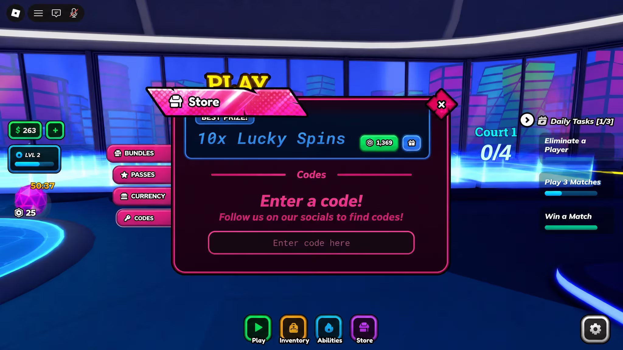 Roblox Four Square Codes section inside the Store menu