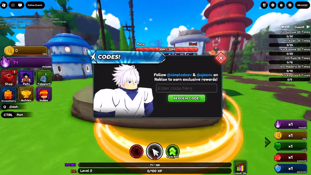 Roblox codes menu with an enter code field and a redeem code button