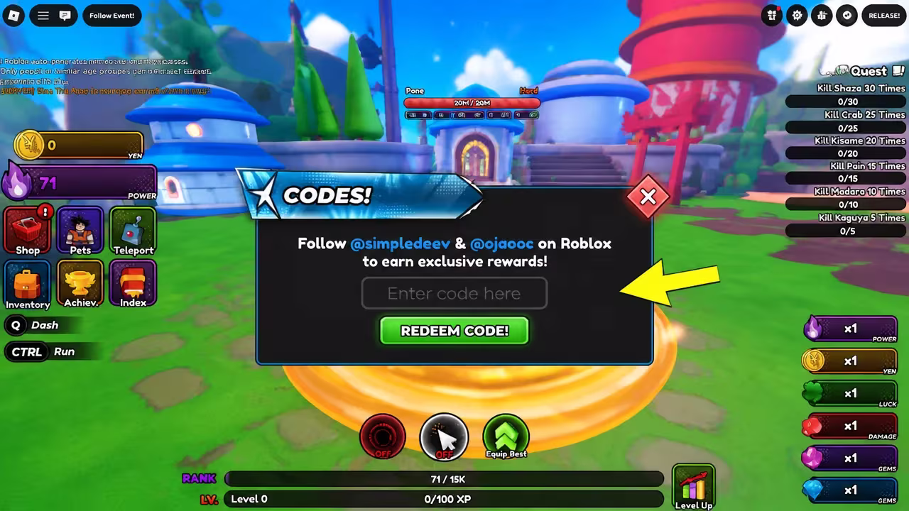 A code entry field open in a game menu, ready for a promotional code before confirming redemption.