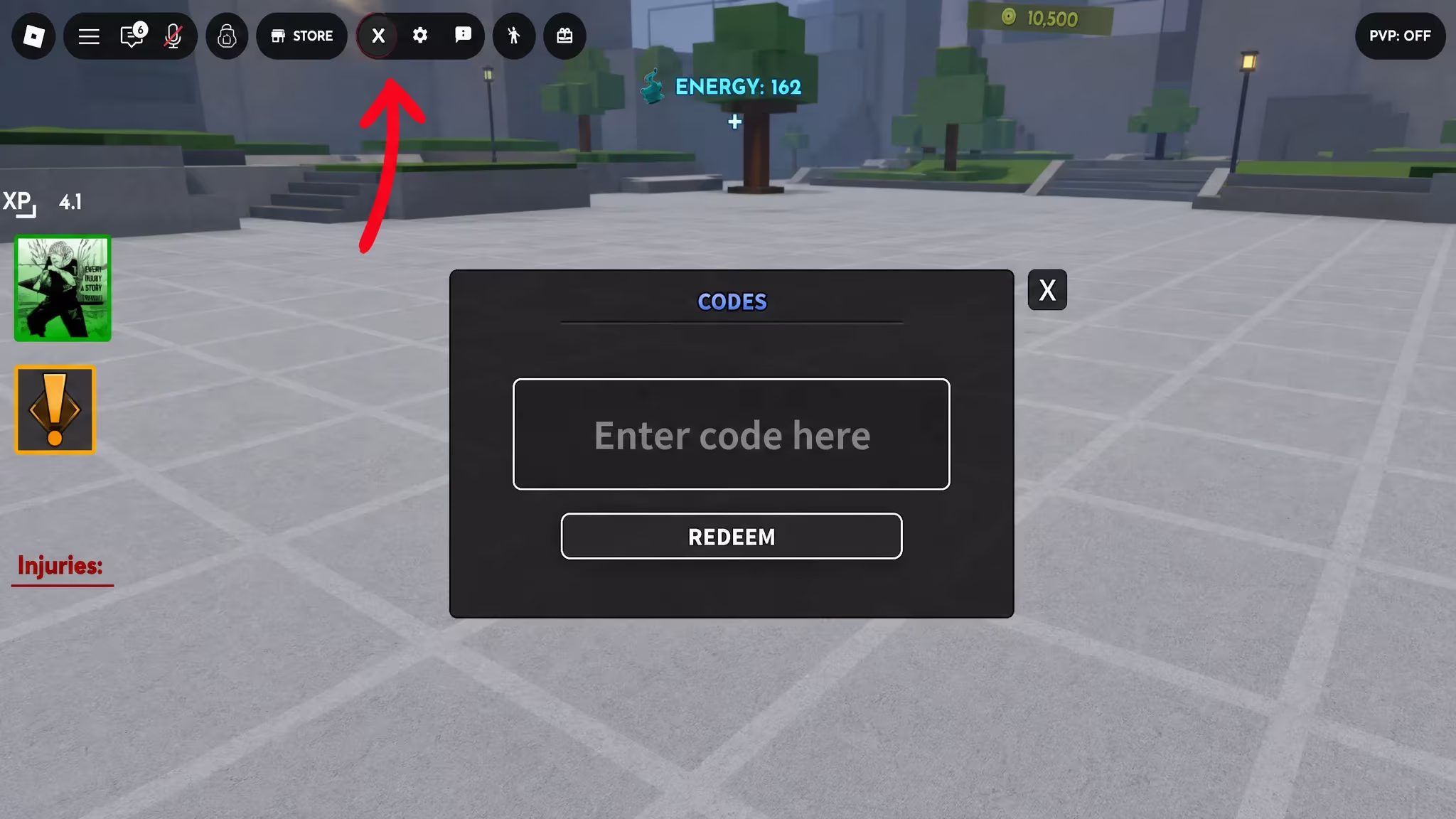 The codes redemption window open in Heal Your Injuries with an entry box for typing a code