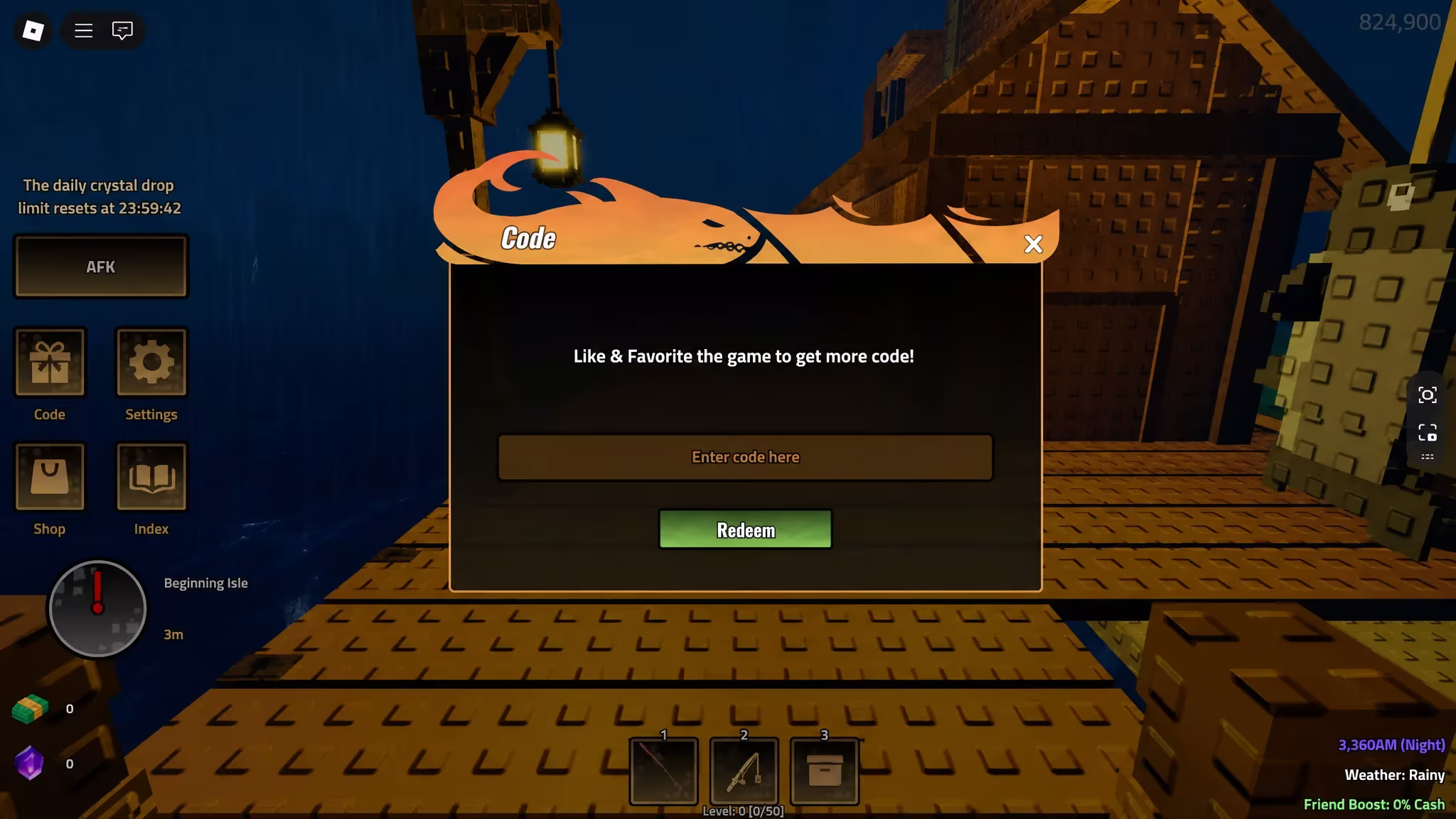 Illustration of entering a code in the Heavyweight Fishing redemption window
