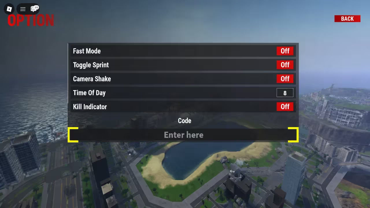 Code entry field highlighted on the Kaiju Alpha options screen