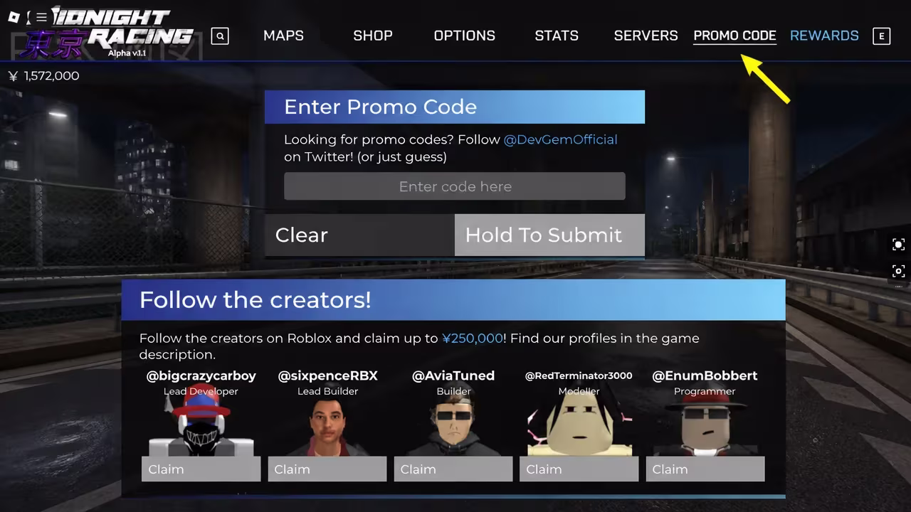 midnight racing tokyo codes redemption section