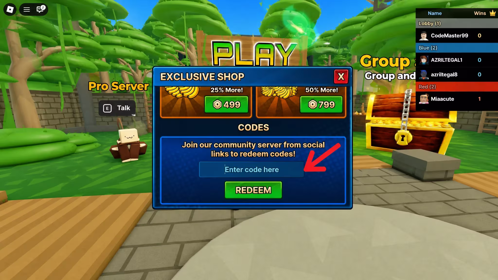 Monkey Soccer codes redemption screen in Roblox