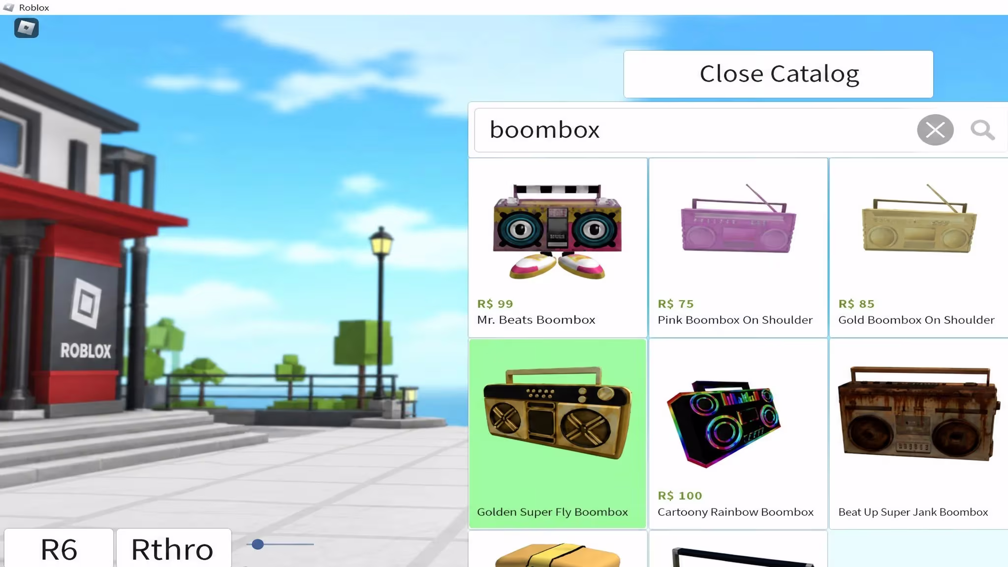 Boombox search results in Catalog Heaven with the Golden Super Fly Boombox selected