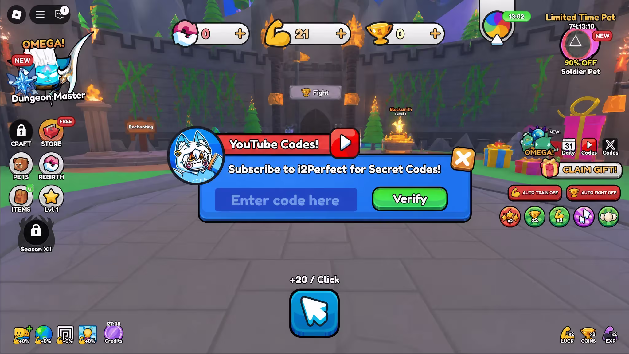 Codes redemption panel in Pull a Sword with a code entered and the Verify button ready to press