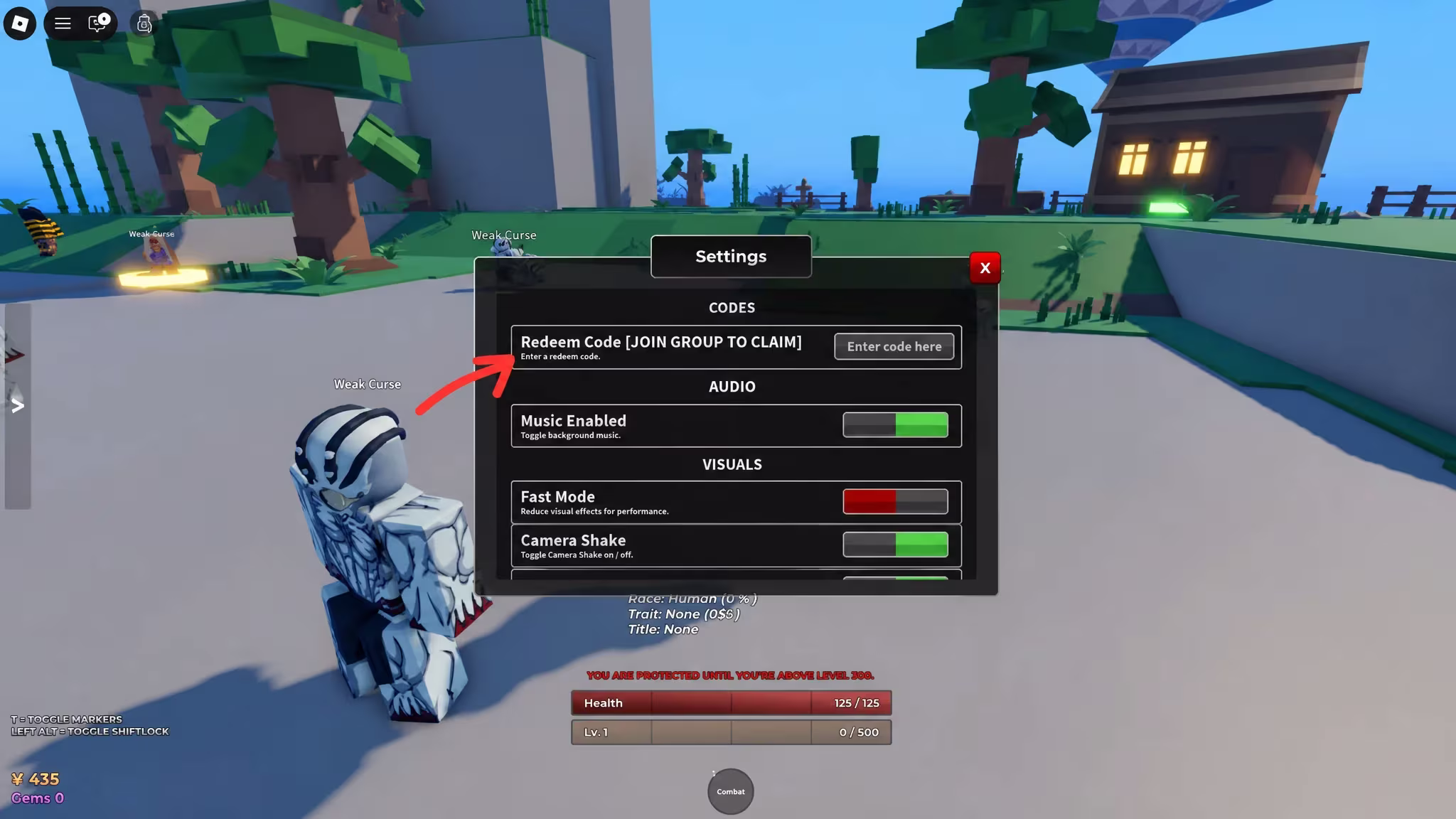 Settings menu in Reign Piece with the code entry text box open