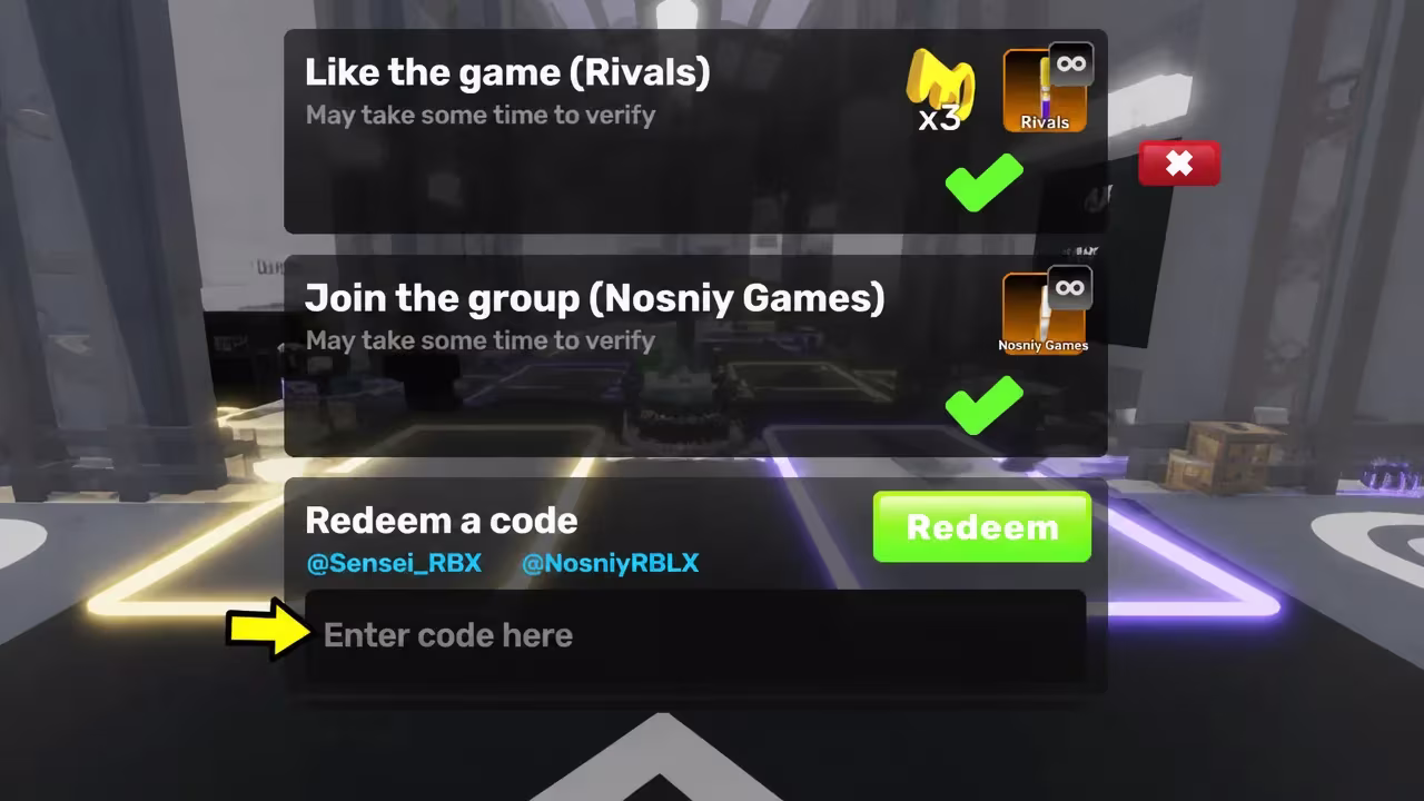 The menu to redeem Rivals codes