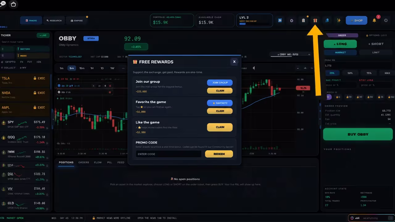 Trading dashboard with the free rewards dialog open and the gift icon marked by an arrow