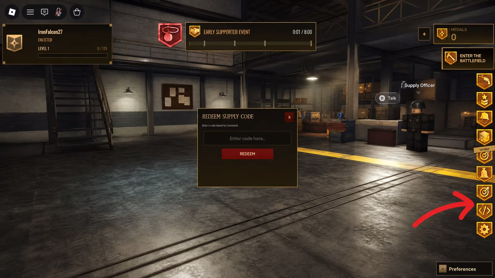 Supply Codes button highlighted on the right side of the TRENCH: DECAY screen