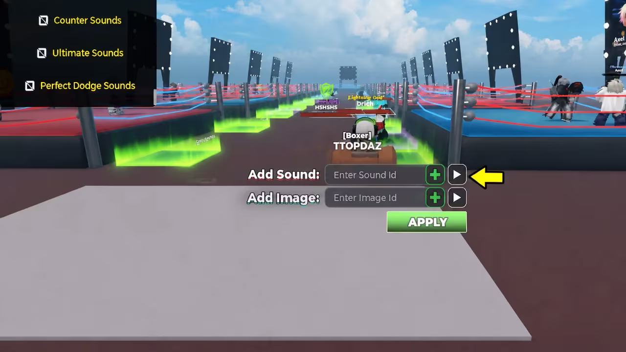 Sound customization menu with a play button previewing an entered sound ID