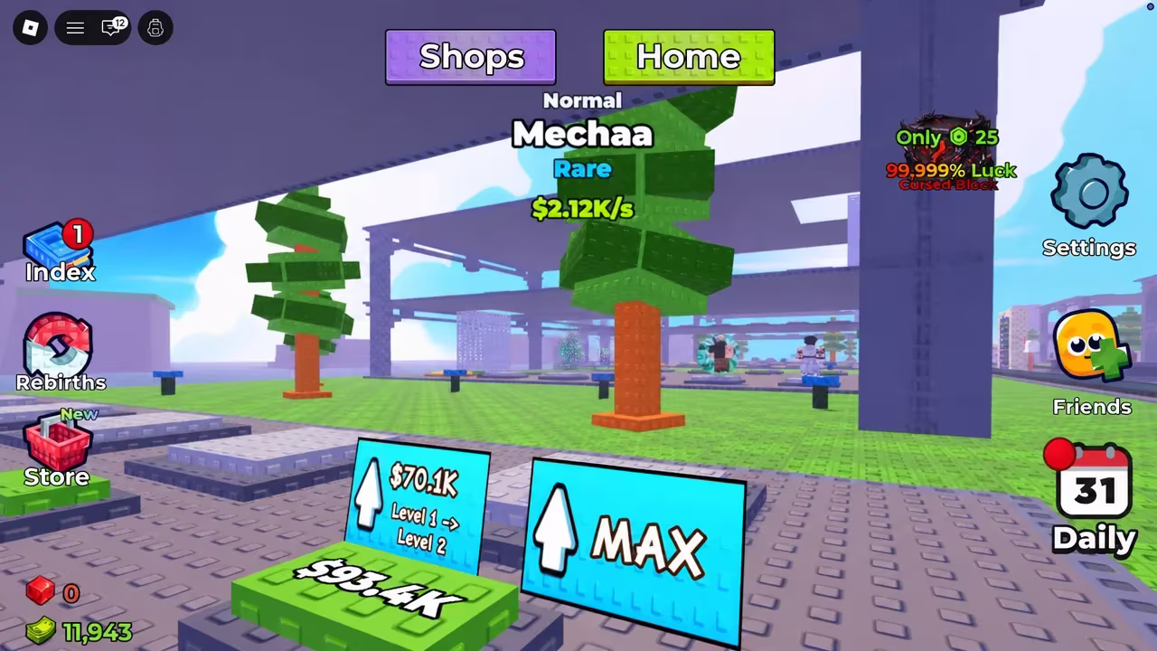 Home screen showing the Mechaa sorcerer selected with its income and upgrade panels