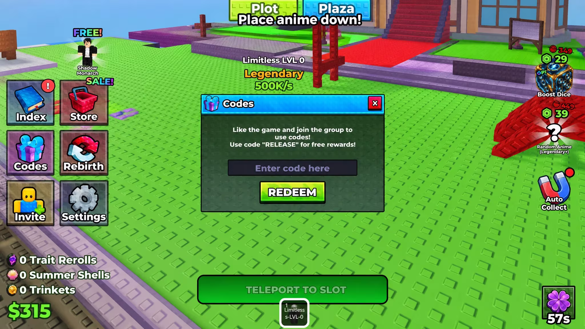 Roll Anime the codes tab