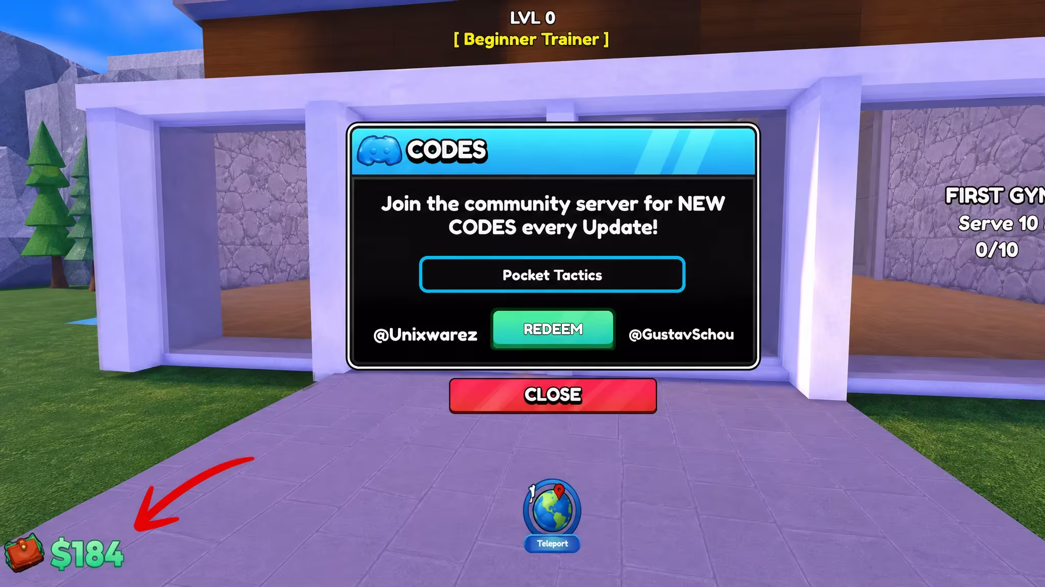 Screenshot of the codes redemption interface in Run a Gym showing the wallet icon and the code entry box