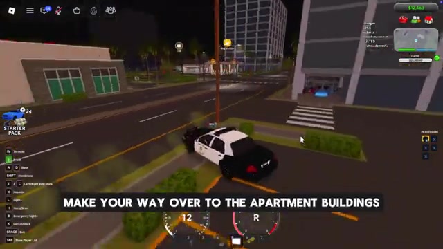 Head to the apartment buildings