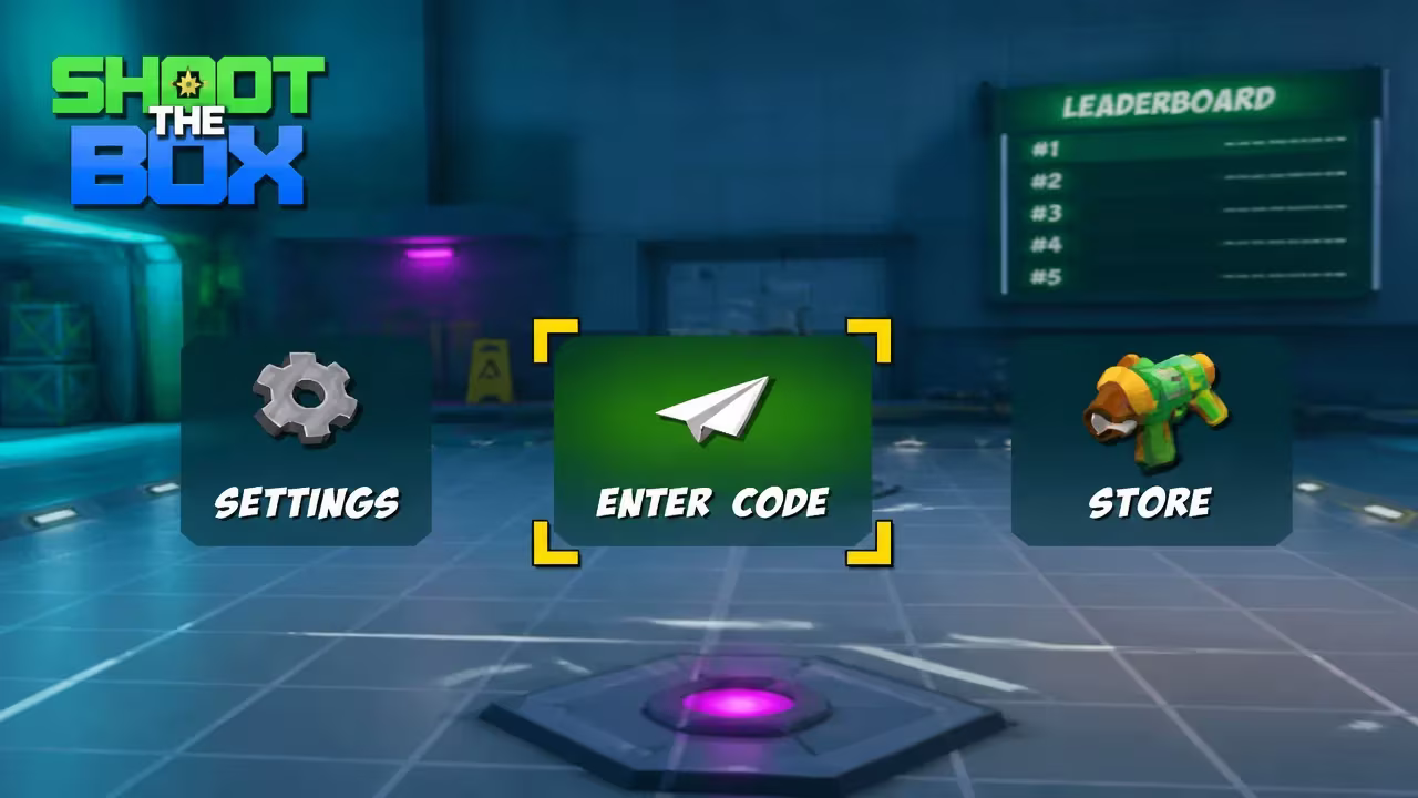 Shoot the Box main menu with the Enter Code button highlighted for redeeming a code