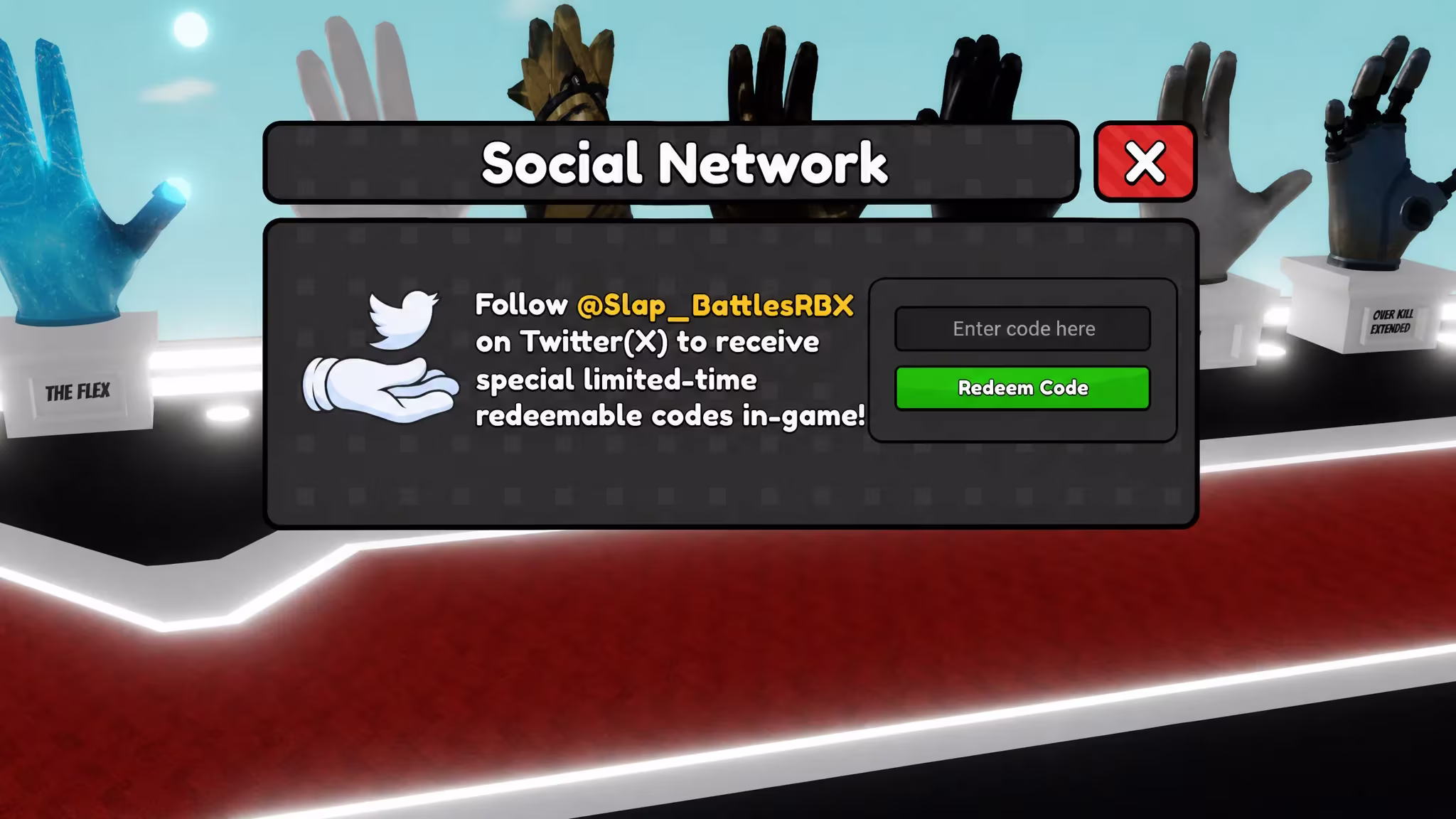 Slap Battles codes redemption screen showing the text box in front of an avatar and different gloves
