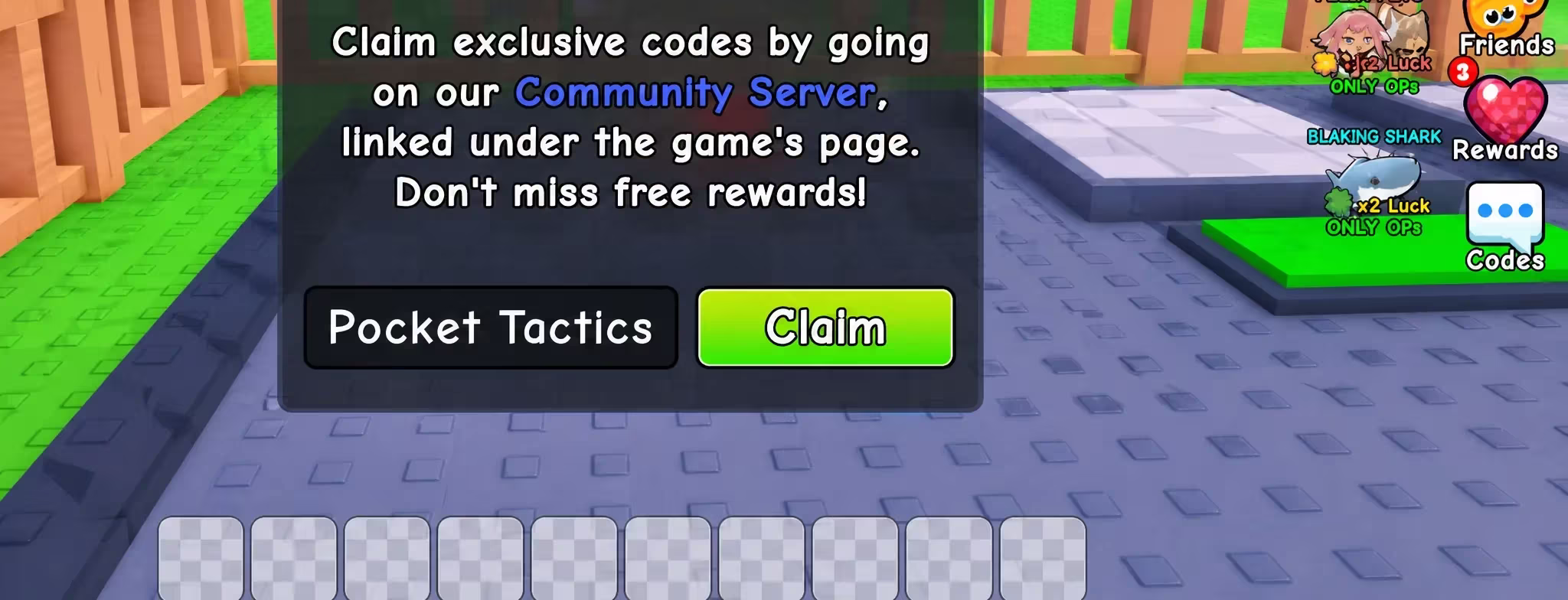 Spin a Femboy codes: A screenshot of the codes box with Pocket Tactics in it and a PT logo in the top right corner