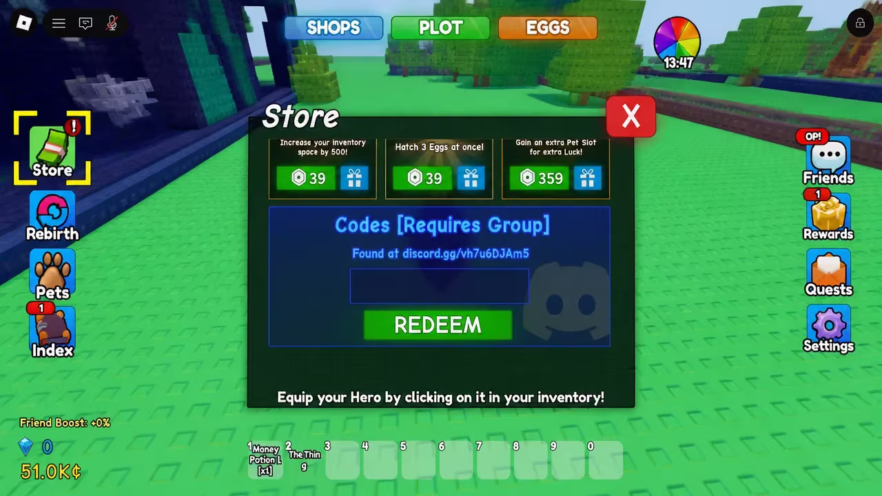Store menu Codes section with an empty entry field waiting before the Redeem button is pressed