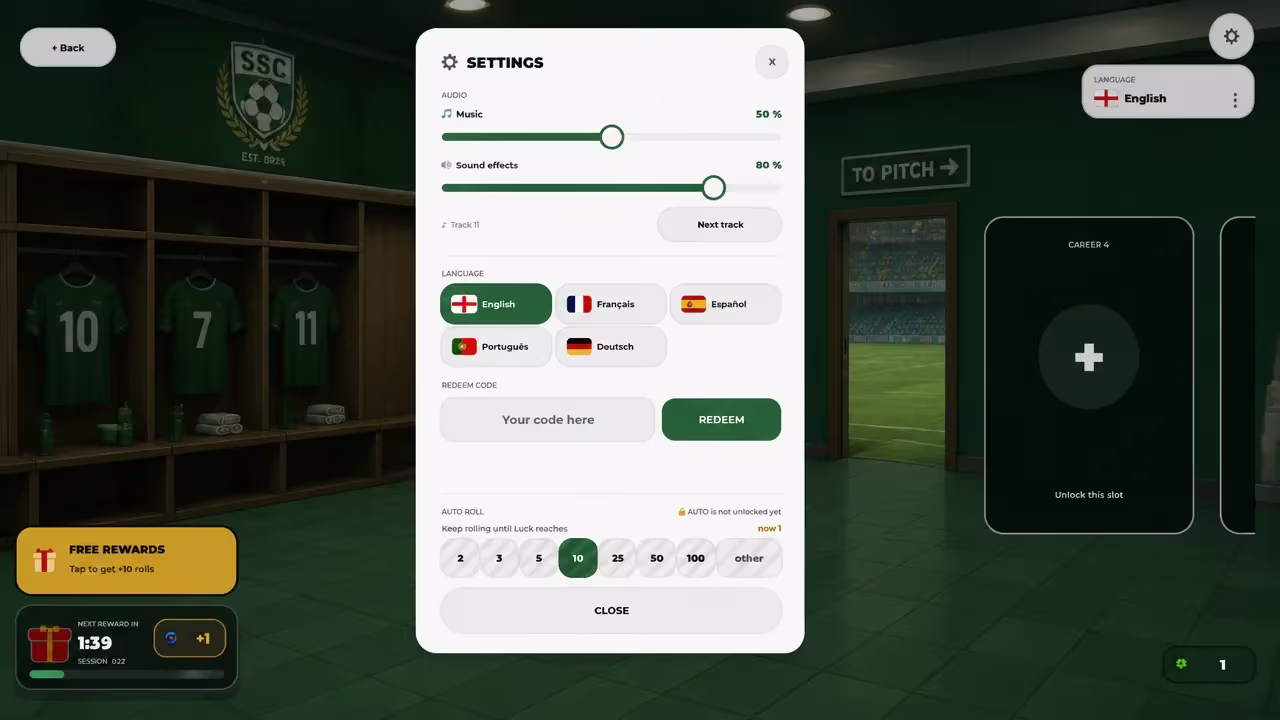 Settings menu open showing language and Auto Roll options next to the code redemption field