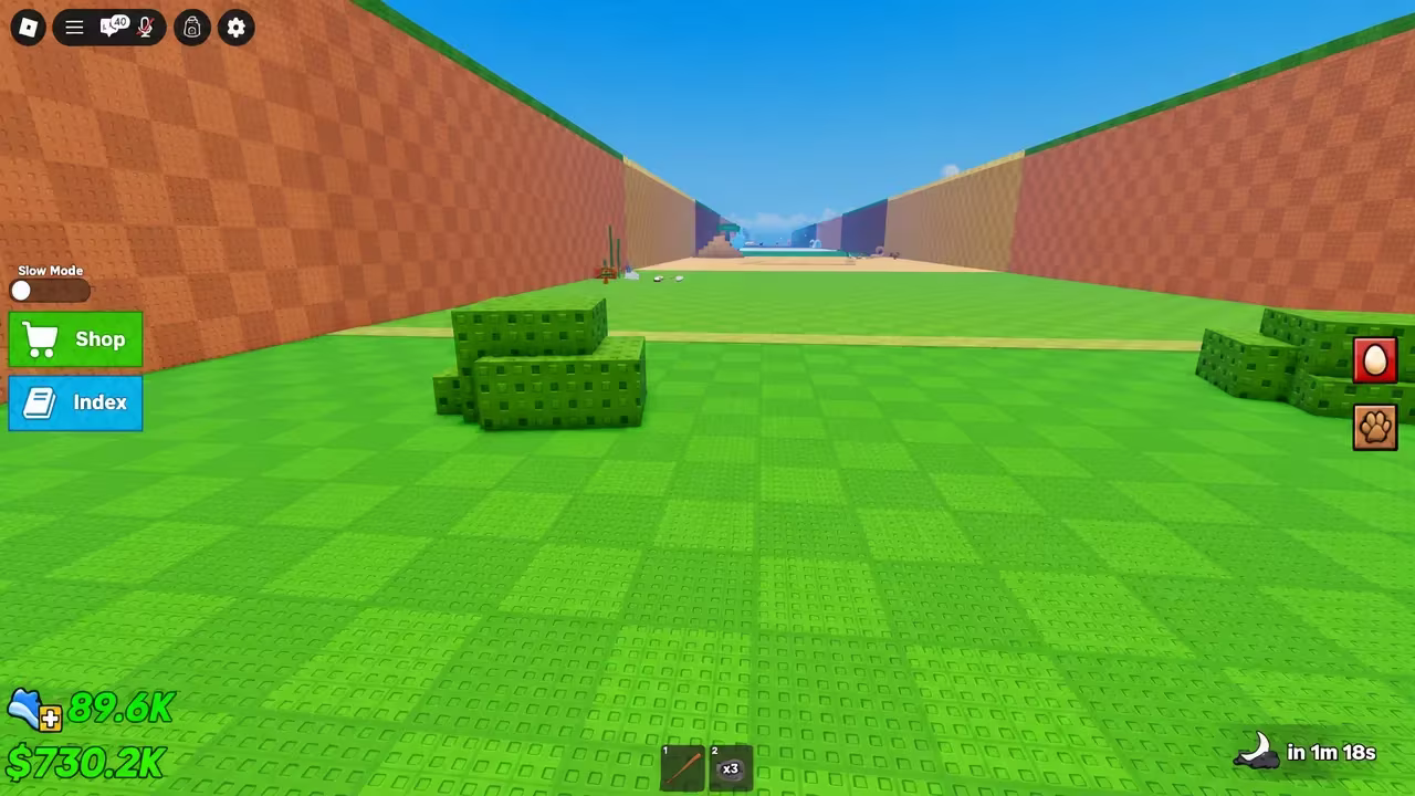 Roblox arena screen showing Shop and Index buttons as a player races toward the course