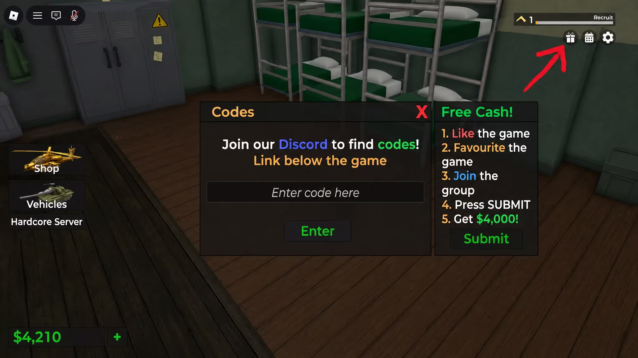 Roblox Strike Warfare code system. Arrow pointing to the Giftbox button