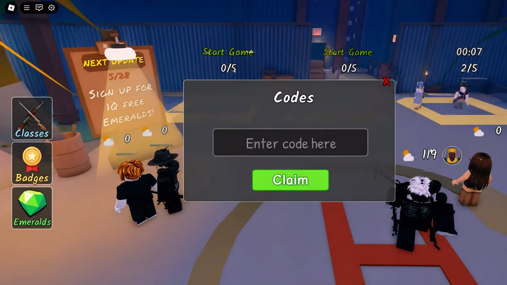 Survive the Apocalypse codes redeem screen on Roblox