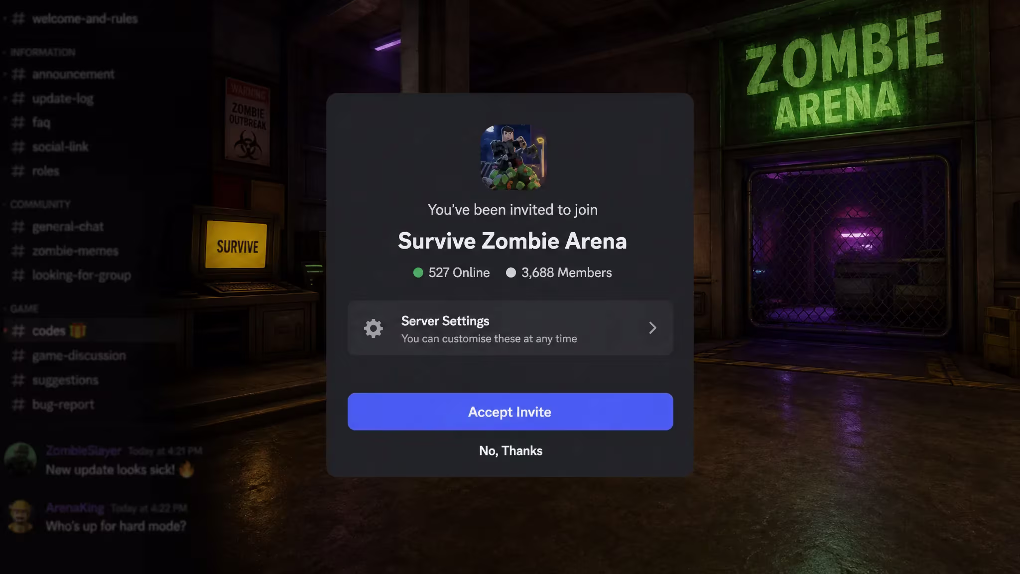 Survive Zombie Arena codes: A screenshot of the Discord server invite with a PT logo in the top right corner