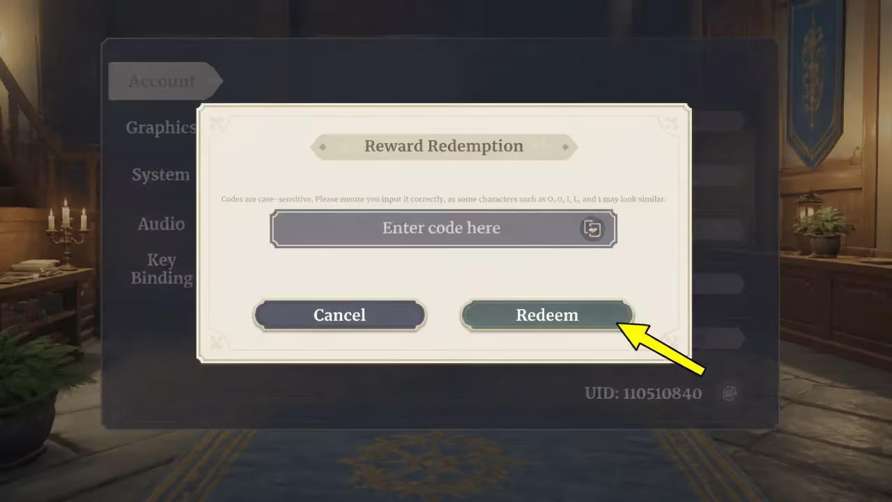 Reward redemption dialog with the code field filled in and the Redeem button highlighted