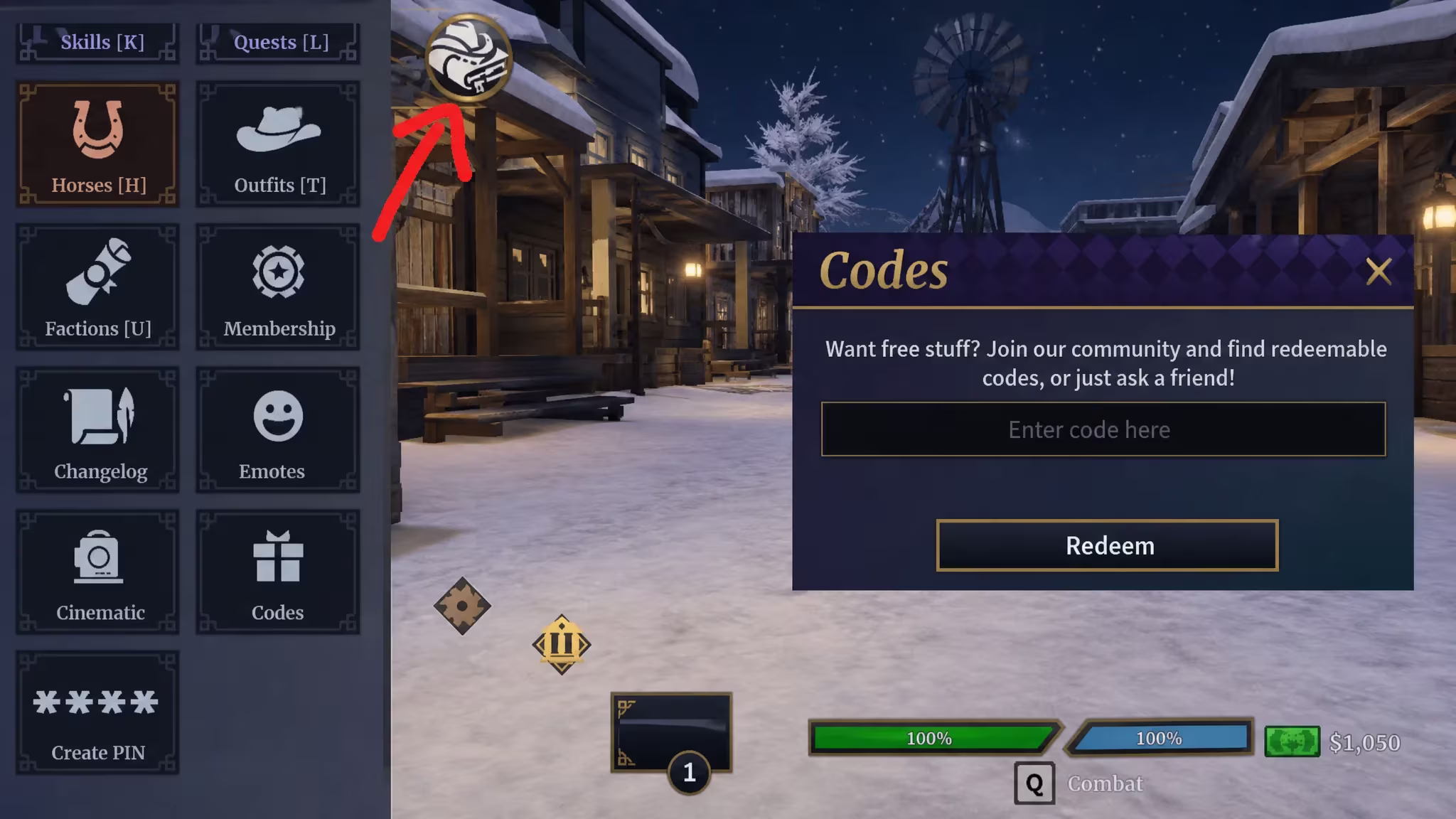 Codes text box open in The Wild West menu ready for a code to be entered