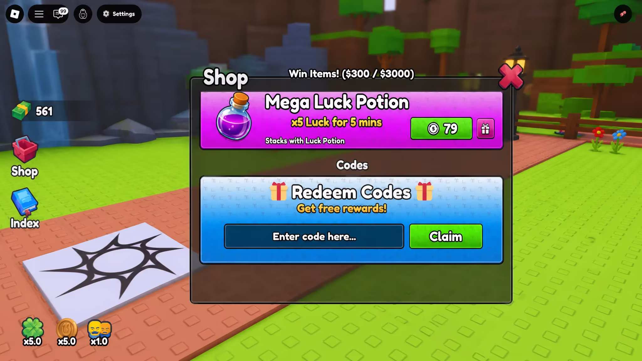 Shop menu in Throw a Coin scrolled down to the code entry box at the bottom
