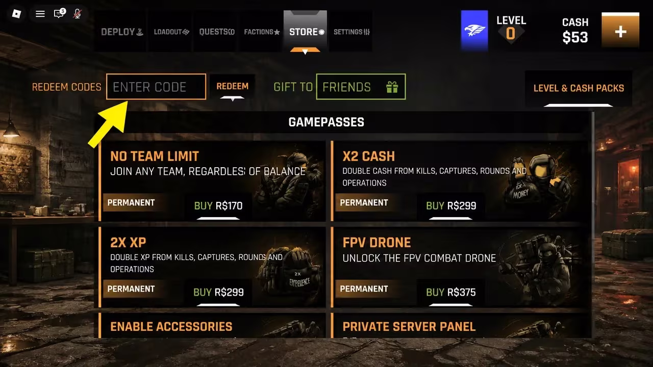 Store screen showing the code entry field used to redeem a promo code in TOTAL WAR
