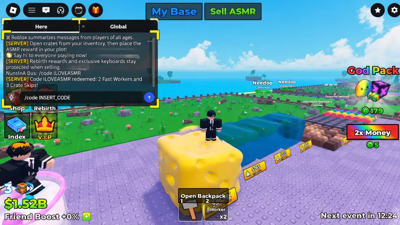 Roblox chat box open with a /code command typed in, ready to redeem a server code