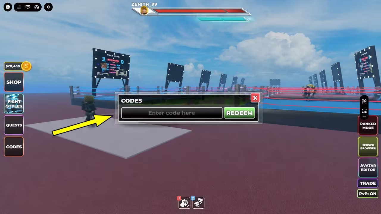 Code redemption text box open in Untitled Boxing Game lobby menu