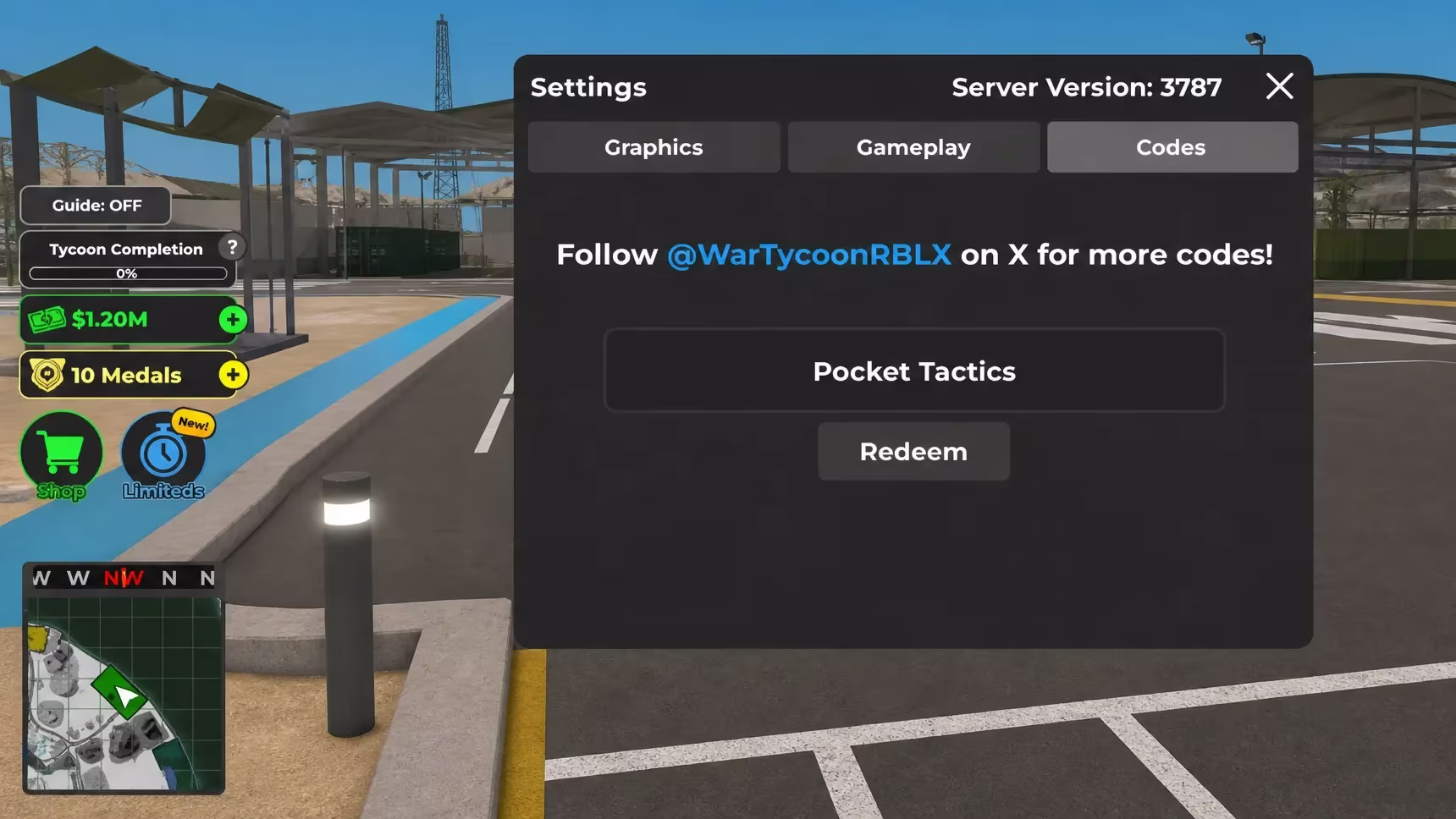 War Tycoon codes input screen showing the Settings gear icon and the code entry text box