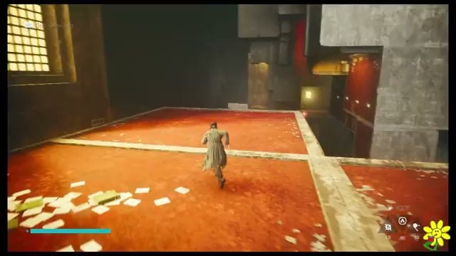 Climb the orange-trimmed structure