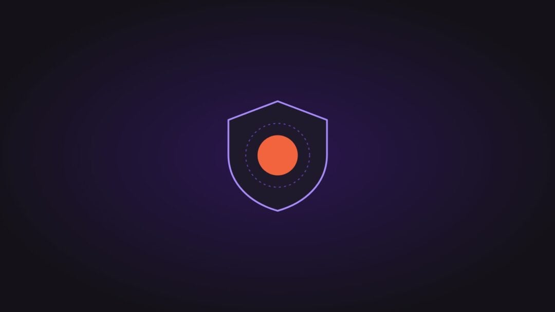 A dot inside a shield outline, on a dark purple background