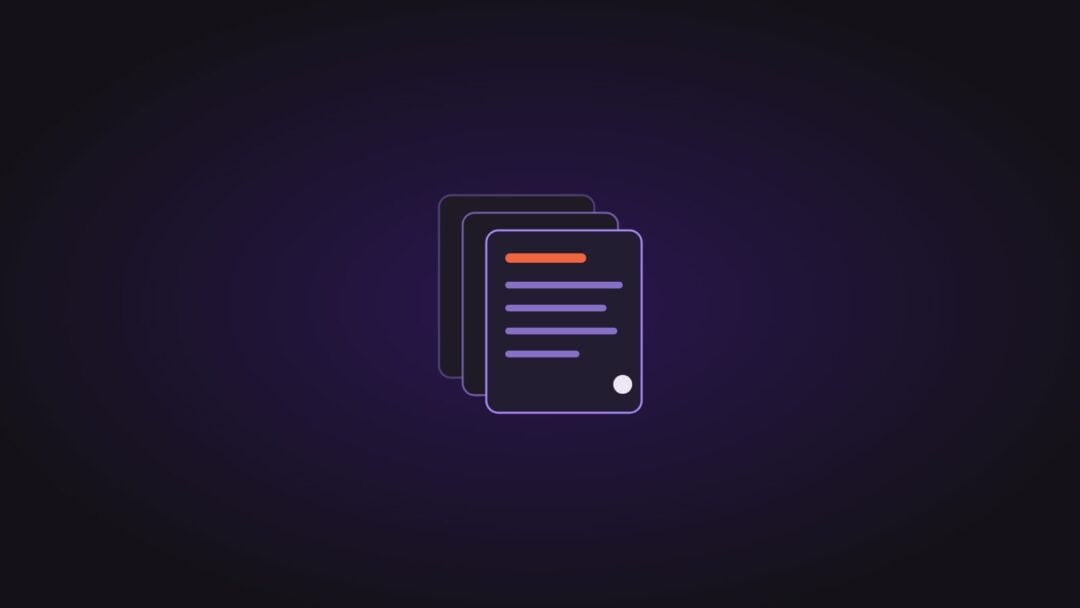 Three stacked document pages, on a dark purple background