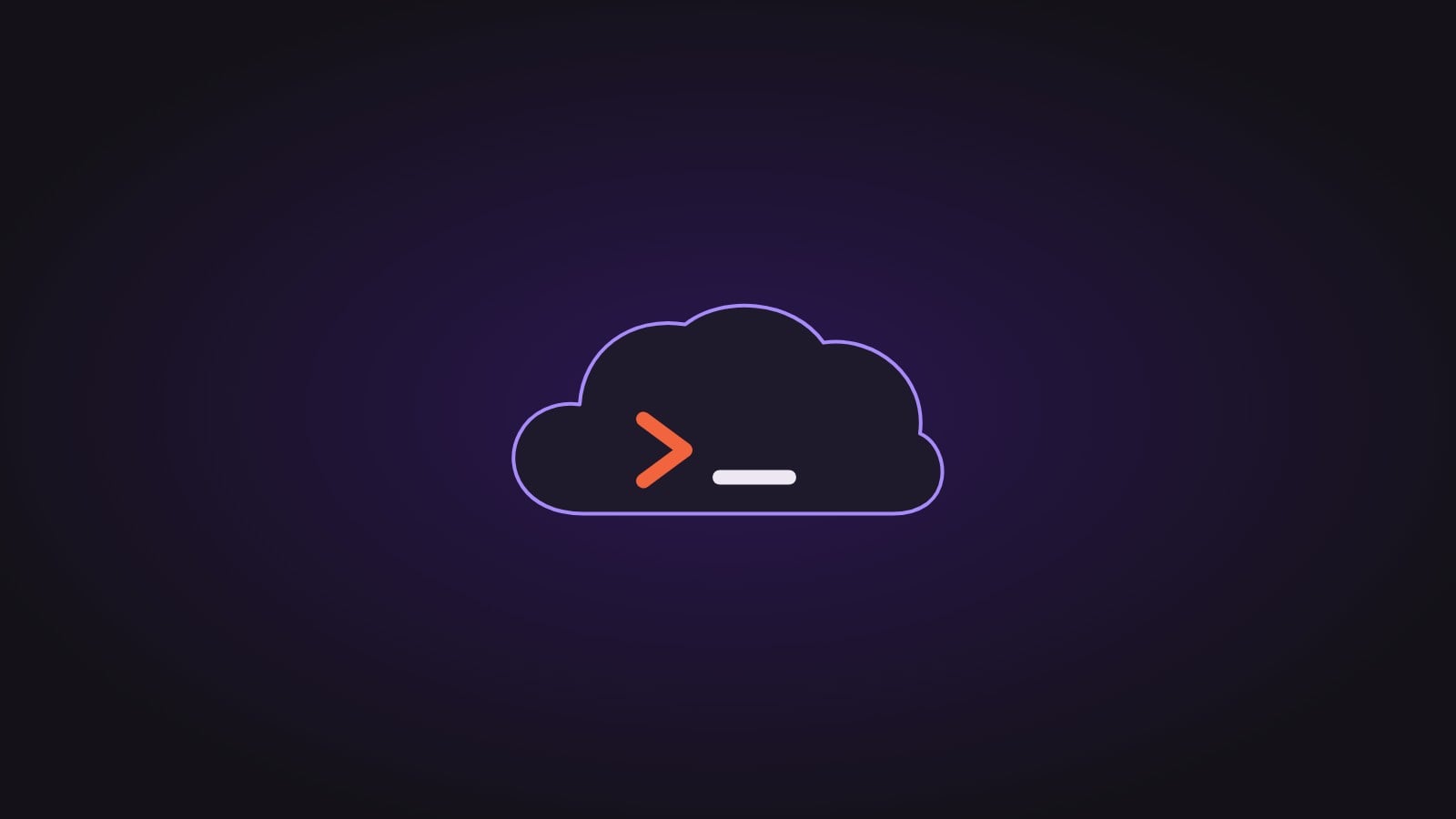 A terminal prompt inside a cloud outline, on a dark purple background