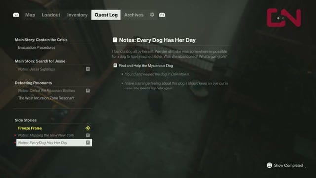 Notes: Every Dog Has Her Day in the Quest Log