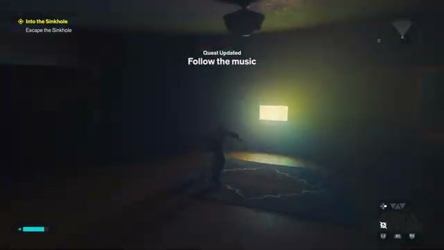 The Follow the music objective beside a glowing television