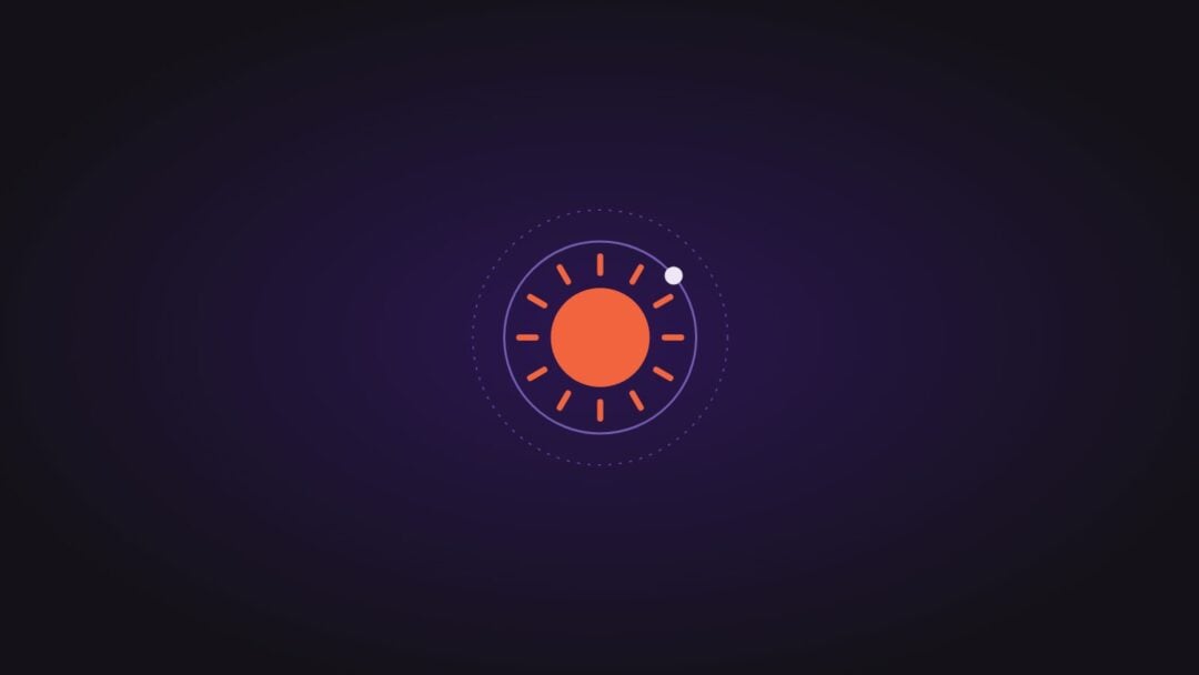 A stylised sun inside a ring, on a dark purple background