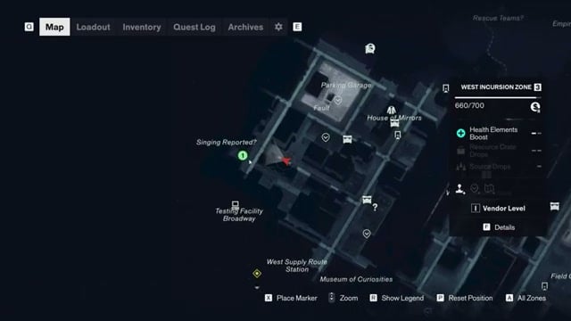 West Incursion Zone map near Testing Facility Broadway