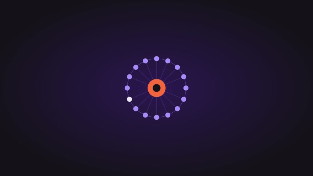 A central ring linked to 16 dots arranged in a circle, on a dark purple background
